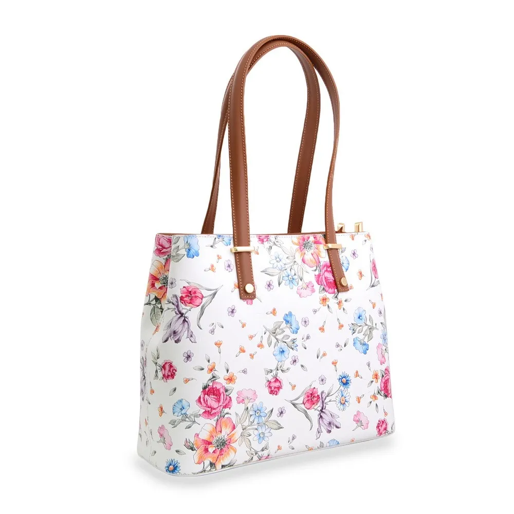 Geanta Purity — Alb floral + manere camel